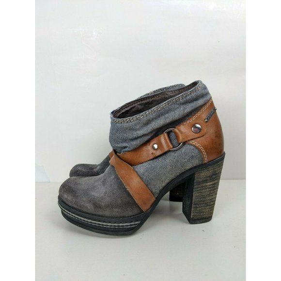 Diesel Booties Leather and denim heeled boots y2k blue tan size 6 - Picture 1 of 8